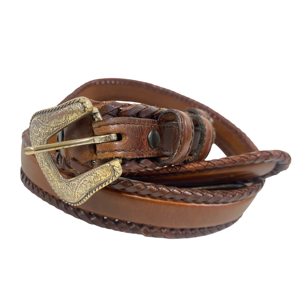 Resistol Mens Brown Leather Western Belt Braided Engraved‎ Buckle 42 R1201216